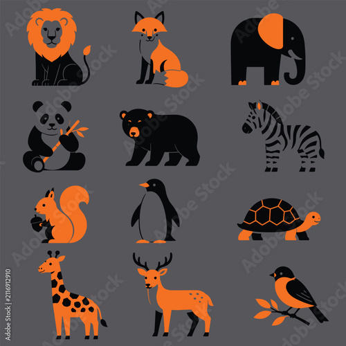 Canvas Print Wild animals vector icon set with lion, fox, elephant, panda, bear, zebra, squir