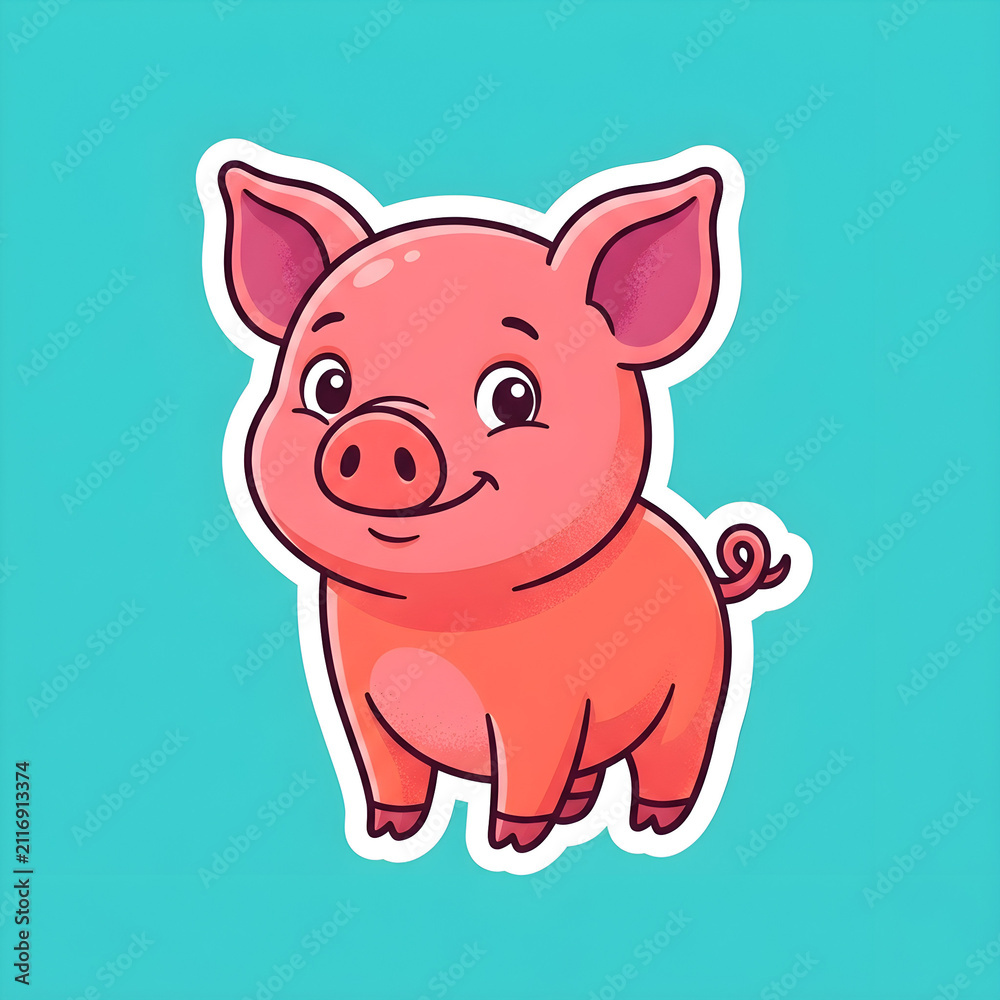 Fototapeta premium Cute Pink Pig Cartoon Sticker Kawaii Animal Vector Illustration