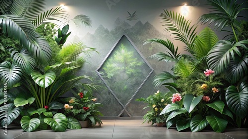 Lush Tropical Indoor Garden Scene with Modern Geometric Frame and Subtle Lighting