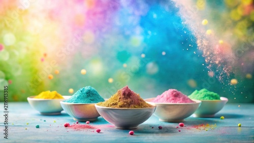 Vibrant Powdered Pigments in Bowls, Festive Celebration, Colorful Dust Explosion, Springtime Joy