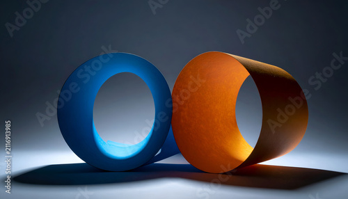 A striking abstract composition featuring two curled paper forms, one blue and the other orange, casting dramatic shadows