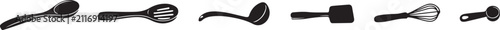 Cooking and baking whisk symbols with assorted kitchen mixing utensil silhouettes isolated on white background