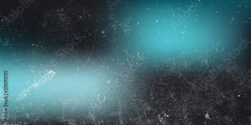 Abstract background with a dark blue and teal gradient, featuring a vintage film texture with scratches, dust, and grain overlay