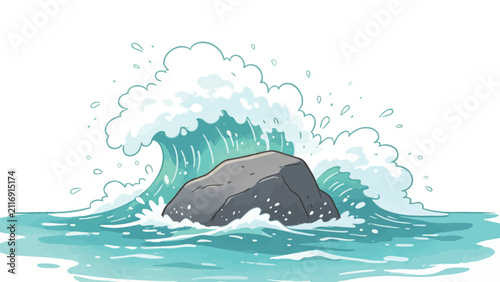 Dynamic illustration of a powerful ocean wave crashing against a solitary gray rock, featuring splashing