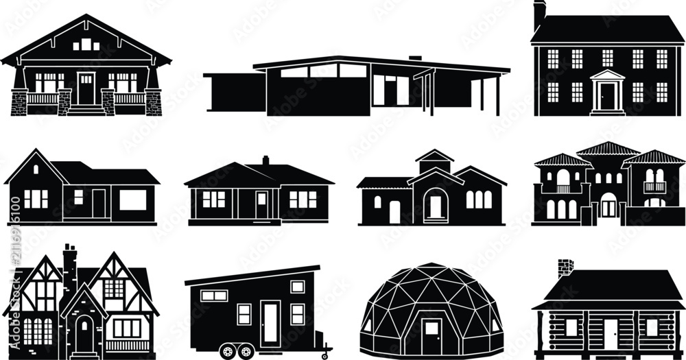 Obraz premium Set of various residential house silhouettes including modern, classic, tiny, and unique architectural home design icons.