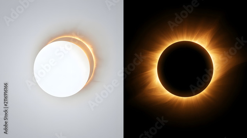 Solar and Lunar Eclipse Comparison: A side-by-side depiction of a solar eclipse, showing the moon obscuring the sun with a brilliant corona.