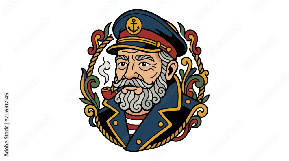 Obraz premium Old Sea Captain Smoking Pipe Retro Style