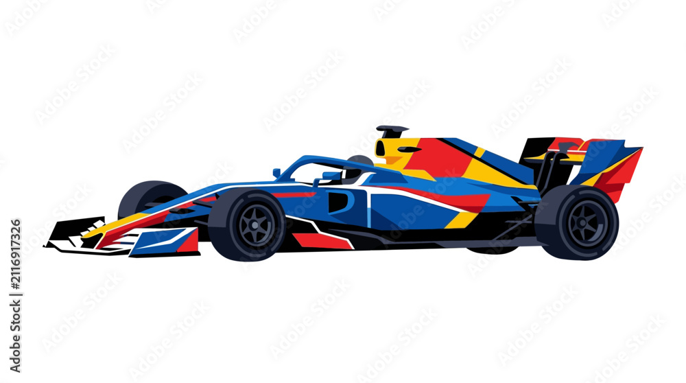 Fototapeta premium Stylized flat design illustration of a modern formula one racing car featuring blue, red, and yellow livery with aerodynamic spoilers and wide tires, isolated on a white background.