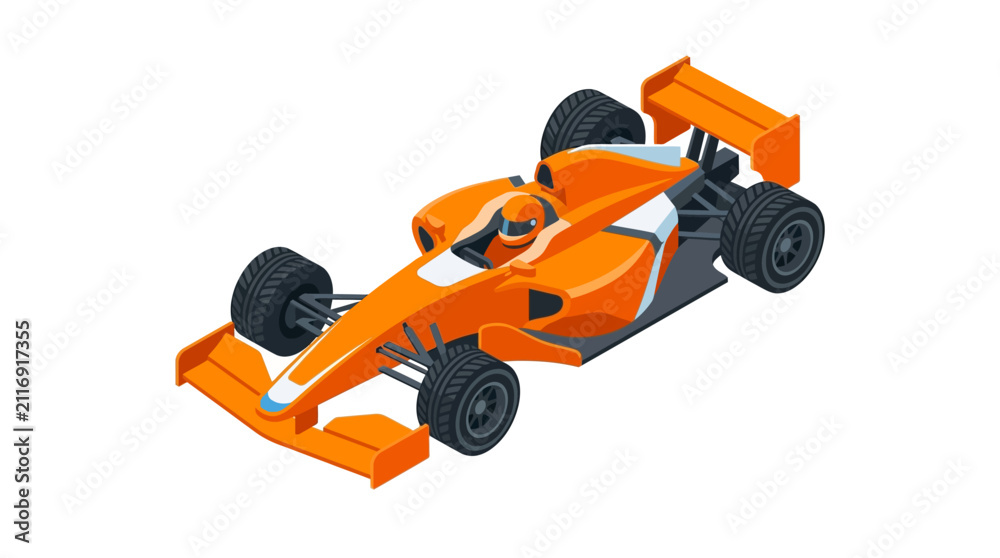 Fototapeta premium Isometric 3D illustration of a bright orange Formula 1 racing car with white accents and a driver wearing a helmet. Detailed open-wheel race car design featuring front and rear wings.