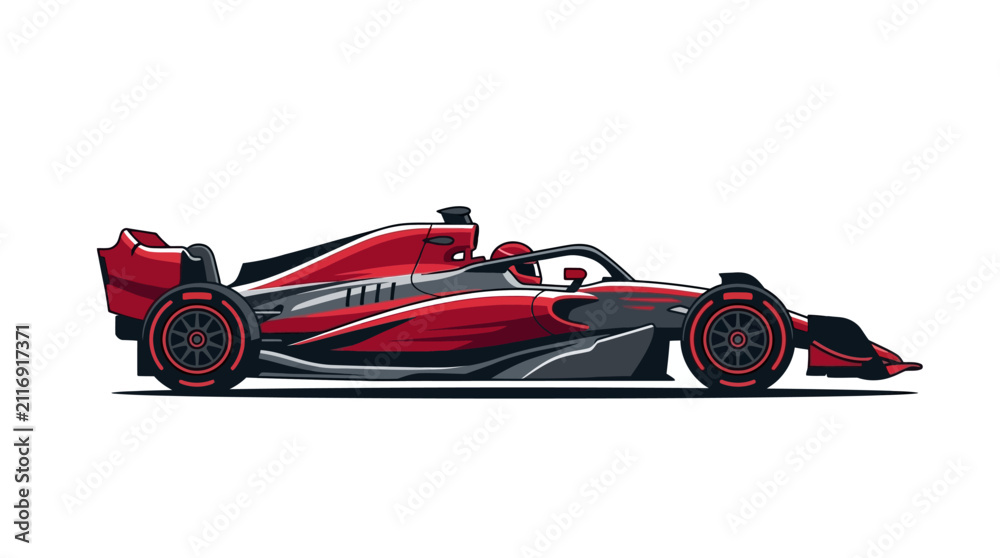 Fototapeta premium Flat design vector illustration of a red and black Formula 1 racing car, side profile view, featuring aerodynamic bodywork and wide tires, isolated on a white background.