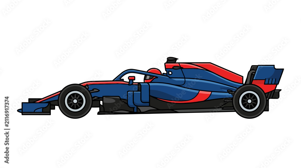 Fototapeta premium Flat design illustration of a modern blue and red Formula 1 racing car in side profile view isolated on white background showing detailed aerodynamic bodywork and driver helmet.