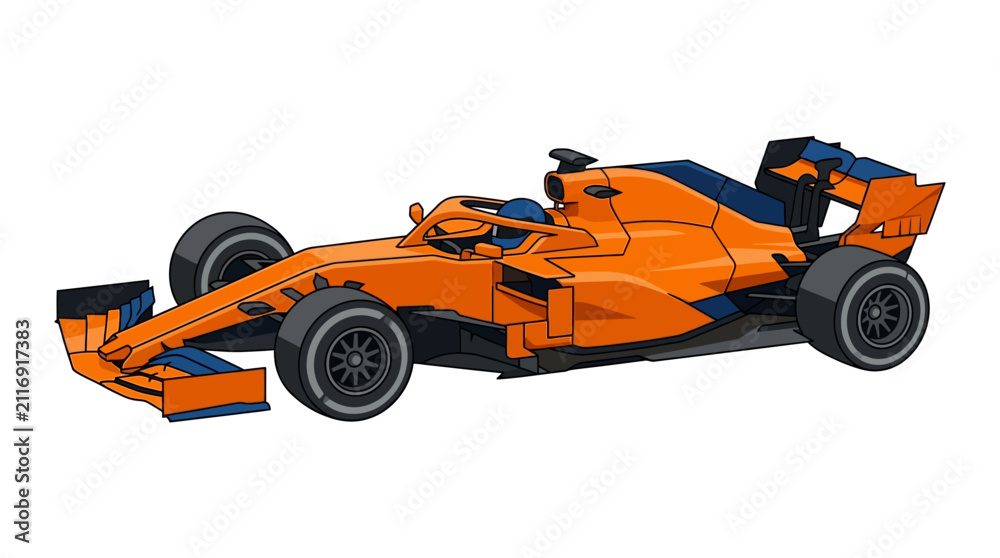 Fototapeta premium Orange and blue open-wheel formula racing car illustration, geometric flat vector design, high-speed motorsport vehicle with driver helmet, side profile isolated on white background.