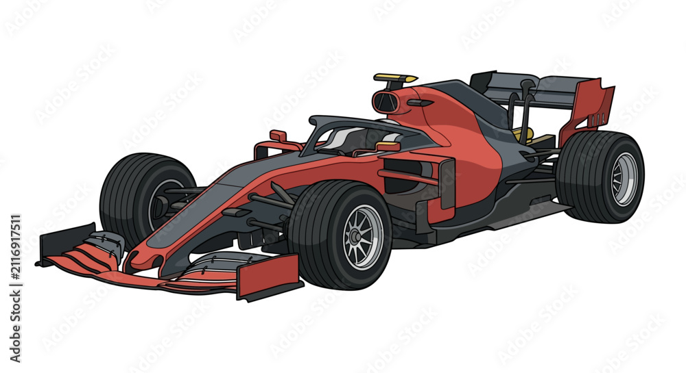 Fototapeta premium Vector illustration of a modern red and charcoal gray formula racing car in flat design style, featuring aerodynamic wings, open-wheel tires, and halo safety ring on a white background.