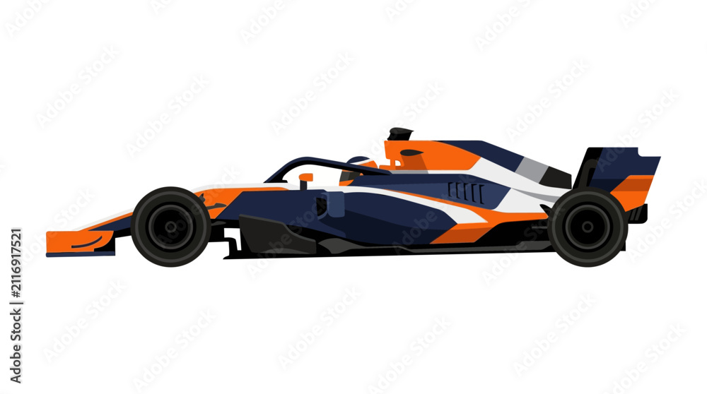 Fototapeta premium Flat design vector illustration of a modern Formula 1 race car in navy blue and orange livery, isolated on a white background, featuring a sleek side profile and aerodynamic wings.