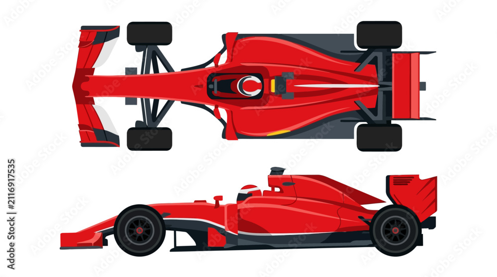 Fototapeta premium Stylized flat design illustration of a red formula one racing car featuring top down and side profile views isolated on a plain white background for technical visualization.