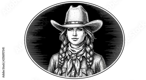 Cowgirl Portrait Illustration - Western Woman with Braids and Hat
