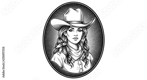 Cowgirl Portrait Illustration, Vintage Western Woman, Black and White Art
