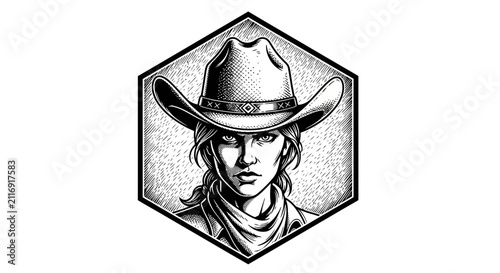 Cowgirl Portrait Illustration, Western Hat, Bandana, Determined Face, Black and White