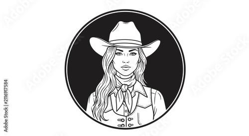 Cowgirl Portrait Illustration, Western Style, Black and White Circle Graphic