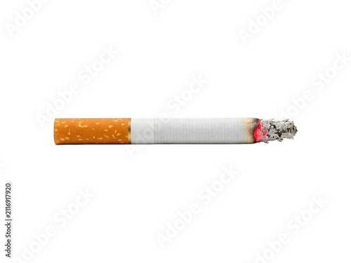 Burning lit cigarette with filter and ash isolated on transparent background.