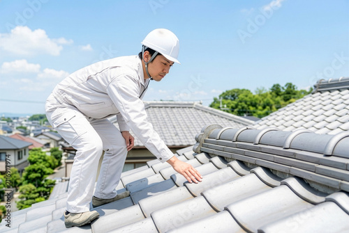 ホームインスペクターが日本住宅の瓦屋根を点検し劣化や破損を確認する住宅メンテナンス風景