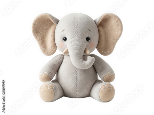 Cute plush elephant toy sitting isolated on transparent background.