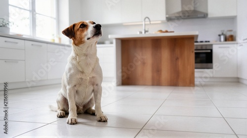 Jack Russell dog sitting on modern white kitchen floor looking up attentively ideal for pet food banner advertising and adoption campaign