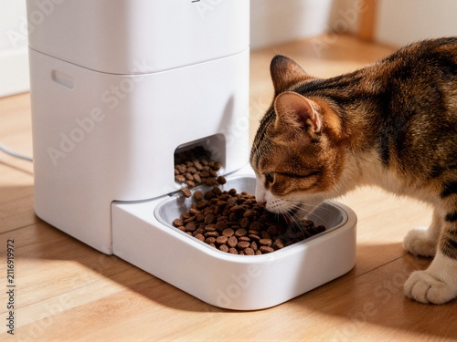 Domestic cat eating dry food from automatic smart pet feeder indoor ideal for smart pet care modern lifestyle technology and product advertising