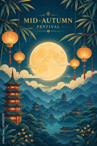 Mid Autumn Festival Poster with Chinese Pagoda and Golden Full Moon, Luxury Asian Festival Background