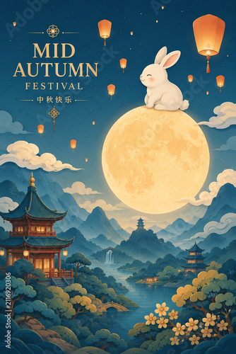 Mid Autumn Festival Poster with Rabbit Sitting on Golden Full Moon and Chinese Pavilion, Premium Festival Background