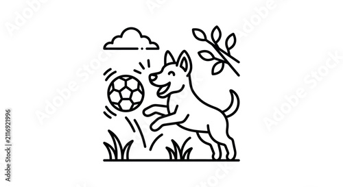Foto Dog playing with soccer ball actively.