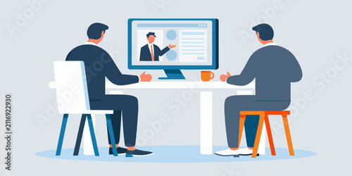 Bild auf Leinwand two professionals in suits watching presentation on computer screen vector illus
