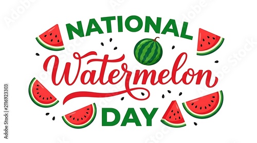 National watermelon day greeting with fresh fruit slices on a white background