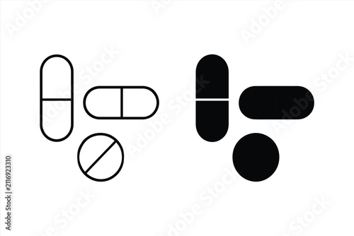 Set of medical pills and capsules icons, outline and solid style, vector illustration