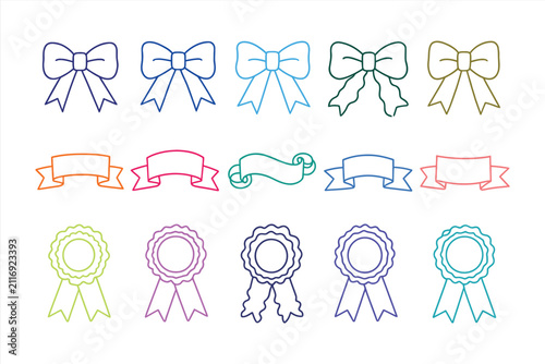 Set of colorful ribbons, bows and award rosettes, decorative elements for design