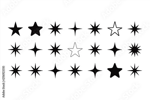 Set of star icons, sparkle symbols, twinkle elements, and glitter shapes