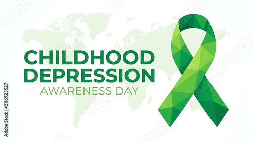 Childhood depression awareness day text with green ribbon world map