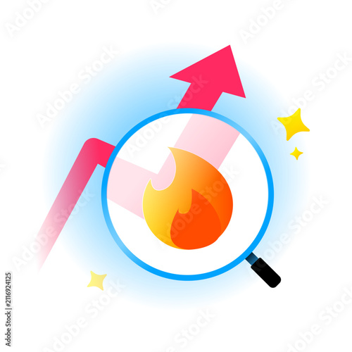 Modern vector illustration of magnifying glass, upward arrow, flame, sparkling AI. artificial intelligence trend discovery, viral content detection, smart analytics. concepts of data insights