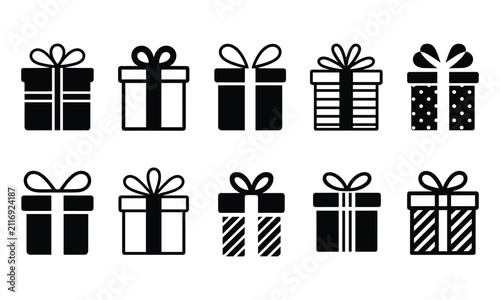 Fotografía Clean minimalist black gift box icons with unique patterns and flat lighting arranged on white for joyful celebrations