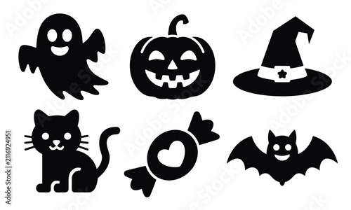 Cuadro en lienzo Collection of cute Halloween silhouettes featuring a friendly ghost and bat flying in bright white space with flat lighting