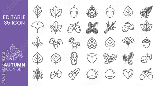 Autumn Leaf Icon Set with 35 Editable Line Icons for Nature and Fall Graphic Design