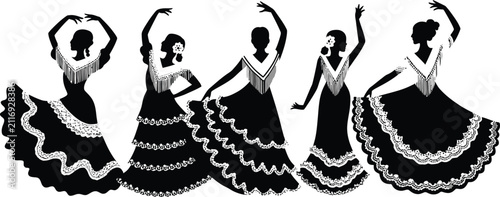 Canvastavla Flamenco Dancer Silhouette Collection with Traditional Spanish Dance Costumes an