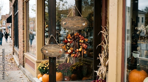 Autumn storefront display with pumpkins. Fall seasonal decorations on a small town shop.