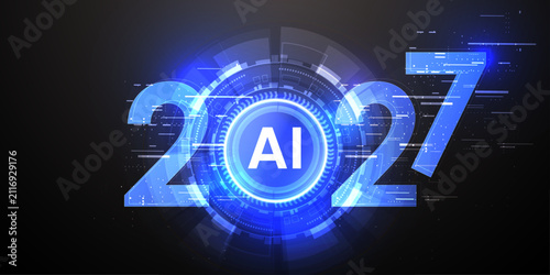 Abstract futuristic 2027 year with AI symbol inside circle circuit technology. 