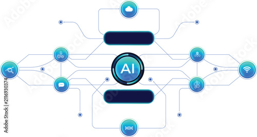 Business template for process flow diagram AI. Isolated and Glowing Flat infographic design with thin lines for website, data presentation. Technology, futuristic concept. Selection, buttons. AI Tech