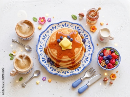 Pancakes with berries and coffee set on blue plate.