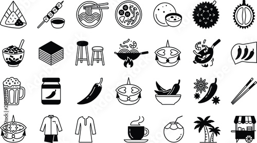 Malaysian Food and Culture Minimalist Line Art Icon Set Featuring Nasi Lemak Satay Durian Laksa Wau Kite and Street Food Cart