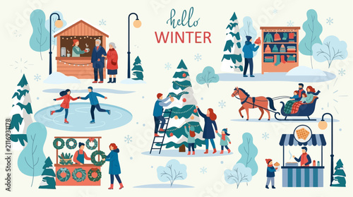Winter Holiday Celebration Vector Illustration Set Featuring Festive Christmas Markets People Skating And Seasonal Outdoor Activities New 1187 AI