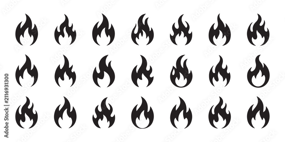 Obraz premium Grid of various black flame icons representing fire on transparent background design.