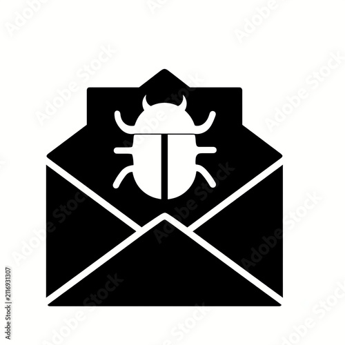Email virus icon, cybersecurity bug in open envelope vector.